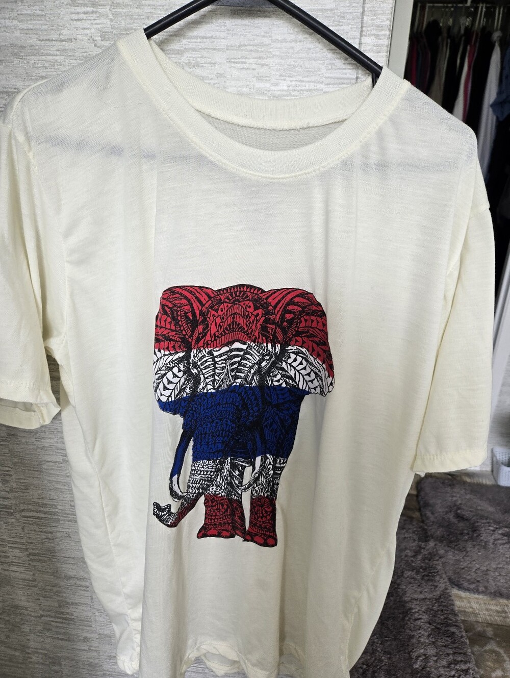 Womens  Cream T-Shirt with Red, White & Blue Elephant Graphic